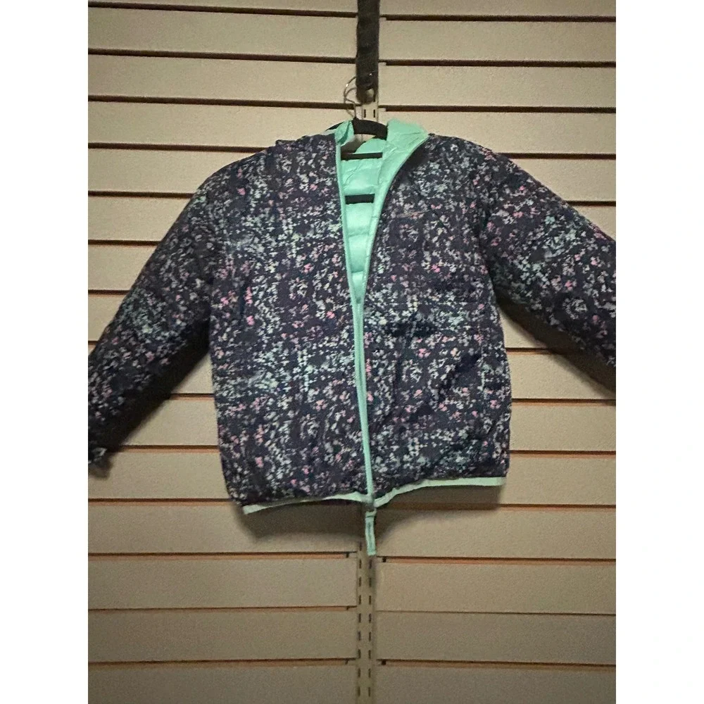 Eddie Bauer Kids Reversible Down Puffer Jacket Aqua Mint Floral Size S 7/8